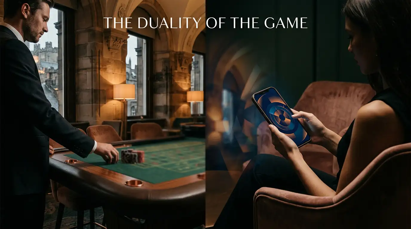 A casino visit and mobile online play shown side by side