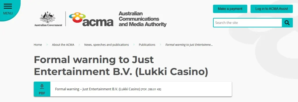 ACMA formal warning page for Just Entertainment B.V. and Lukki Casino