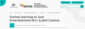 ACMA formal warning page for Just Entertainment B.V. and Lukki Casino
