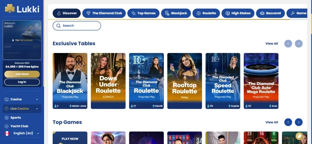 Current Lukki live casino lobby showing dealer-led table categories