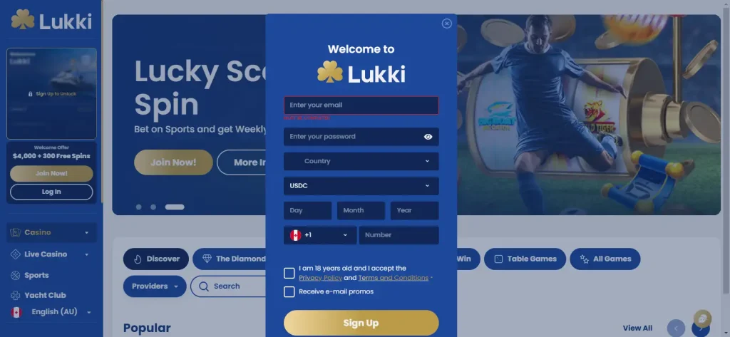 Current Lukki registration form or sign-up modal for Australian users