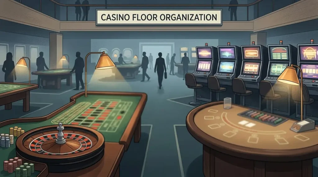 Illustration of roulette, blackjack and slot areas in a UK casino