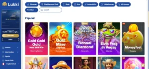 Lukki game lobby showing casino game categories and provider filters